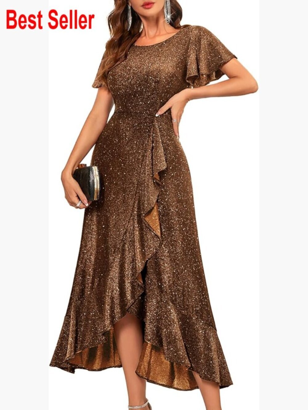 Sequin Formal Party Dress Flutter Sleeve Maxi Evening Gown